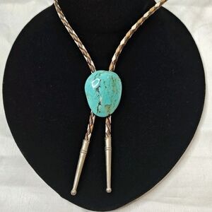 Turquoise Stone Two Tone Brown Braided Leather Bolo Tie Southwest Western Rodeo